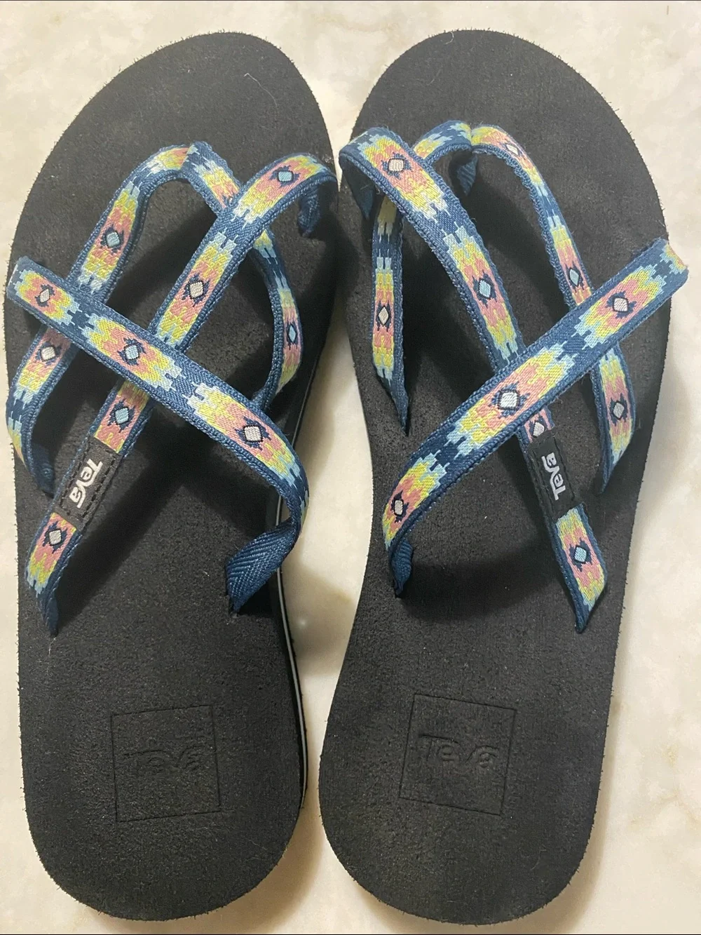 Teva Navy Sandals with Pink and Yellow Geometric Floral Straps